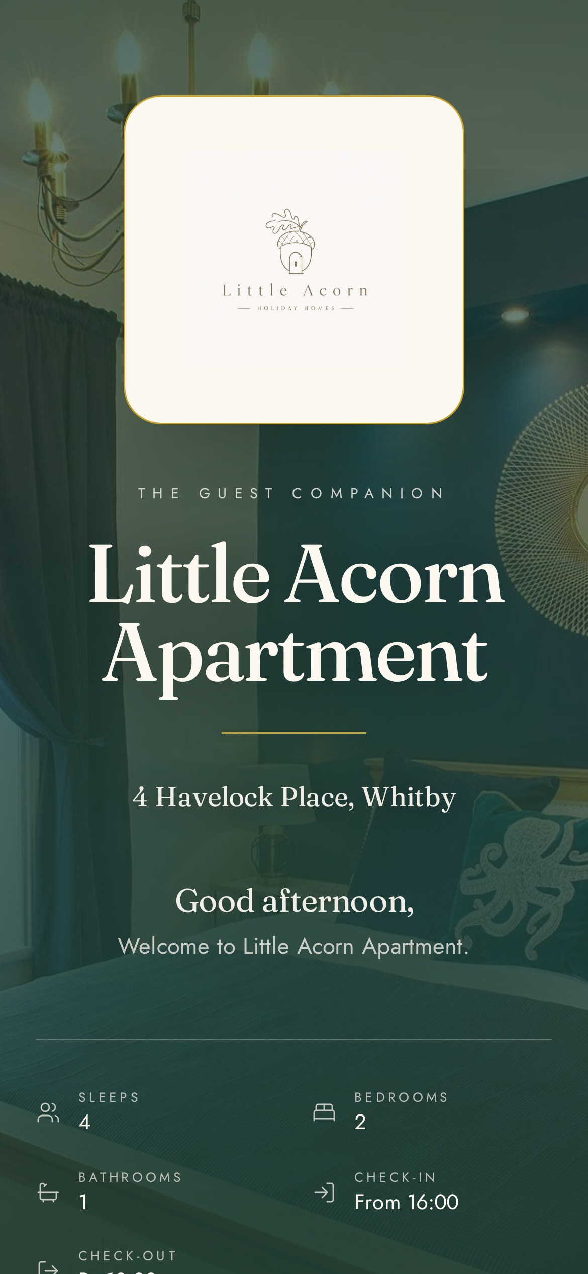 The published Little Acorn Apartment digital guest guide shown on a phone